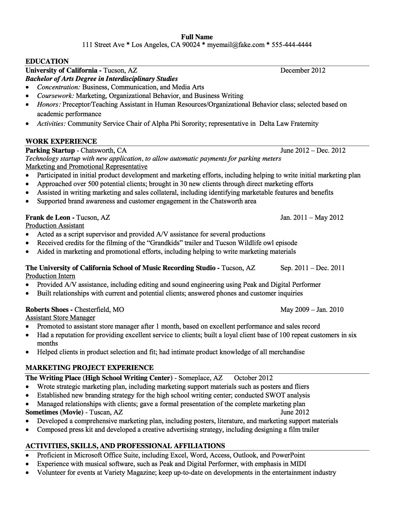 Marketing Recent Graduate Resume