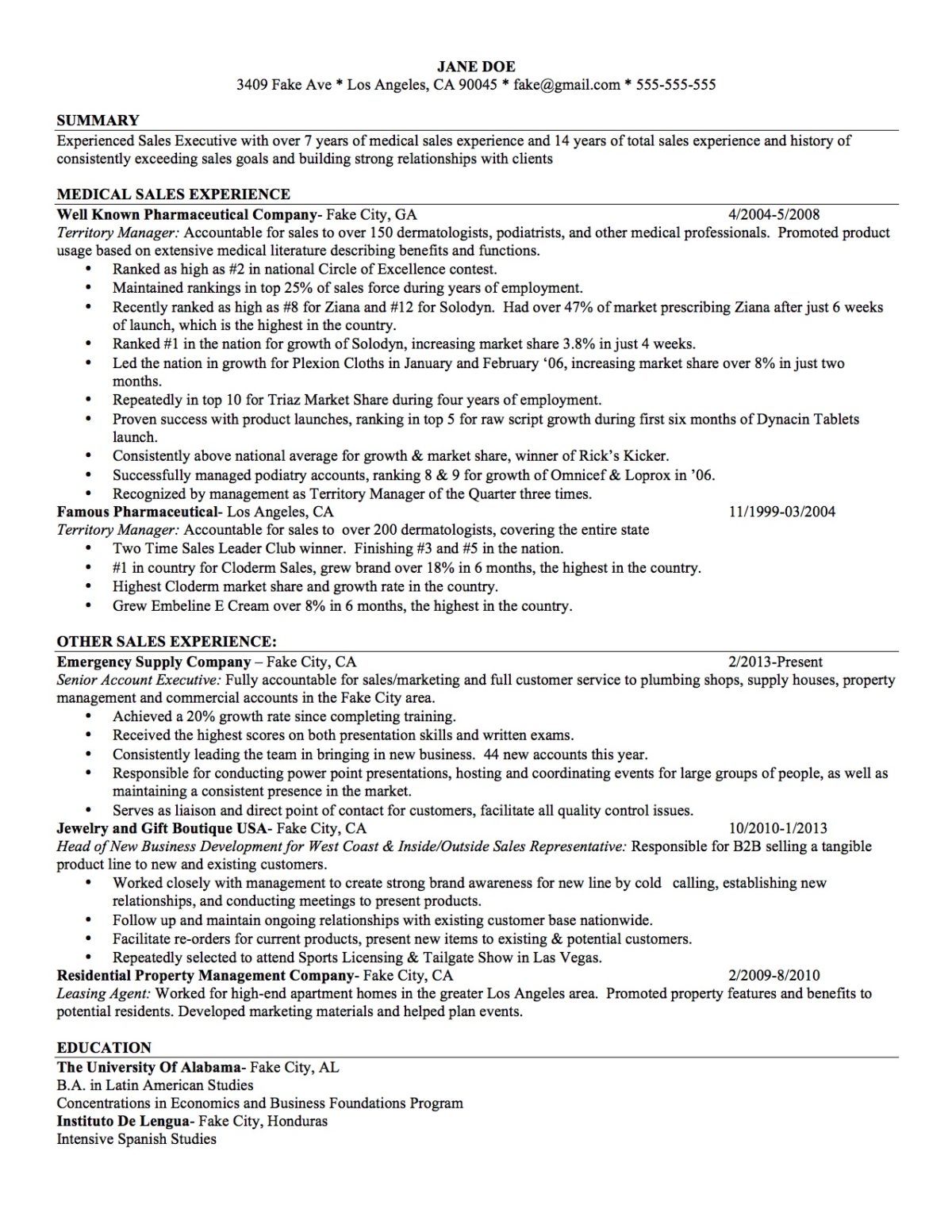 Medical Sales Resume Template