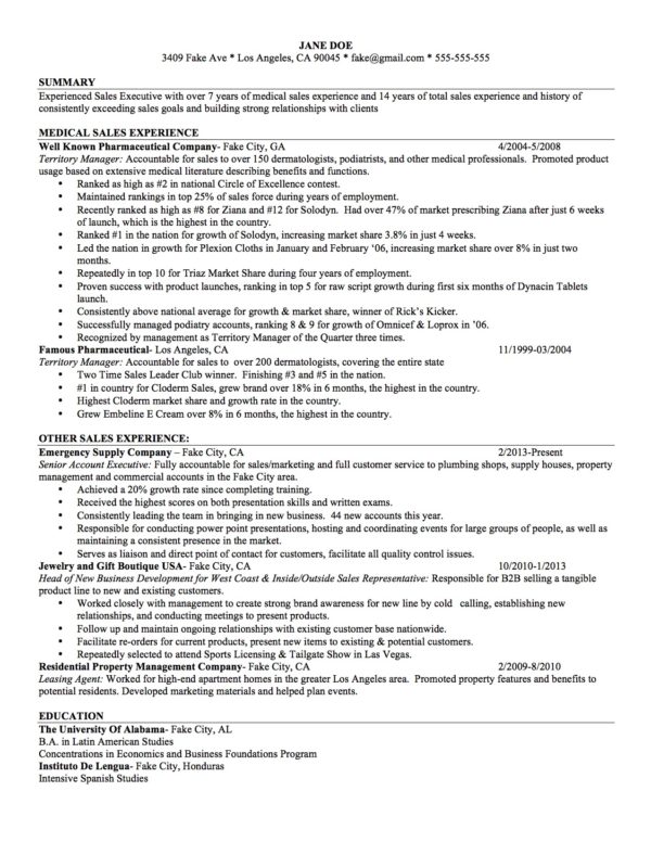 Medical Sales Resume Example - Los Angeles Resume Service