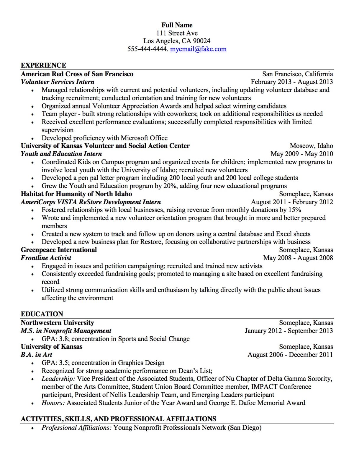 Non Profit Resume Example Los Angeles Resume Service